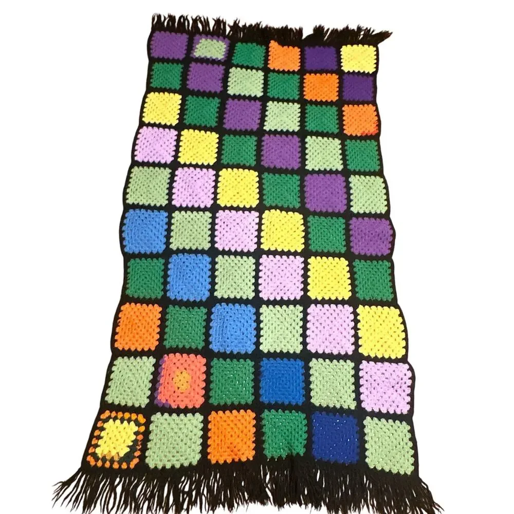 VTG Handmade Afghan Throw Blanket Roseanne Boho Fringe Black 73x35 OOAK Hippie